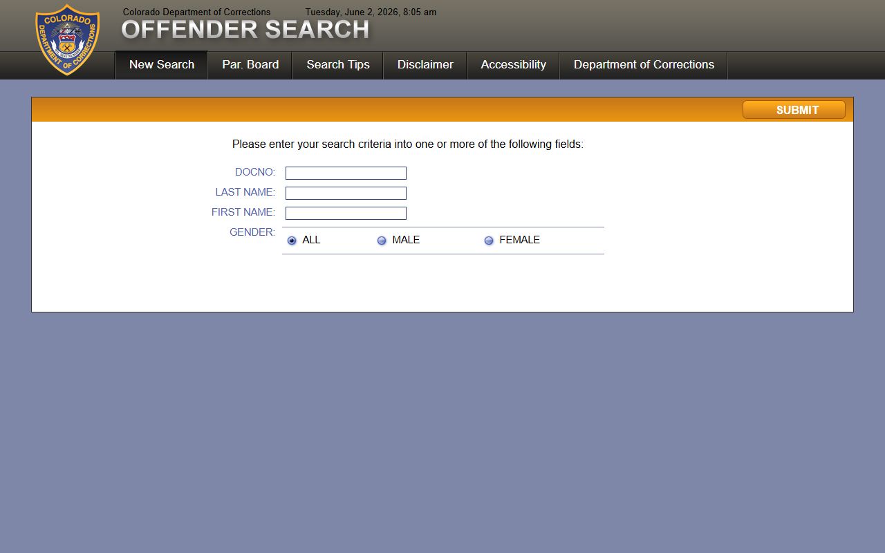 Summit County inmate population CDOC offender search fields